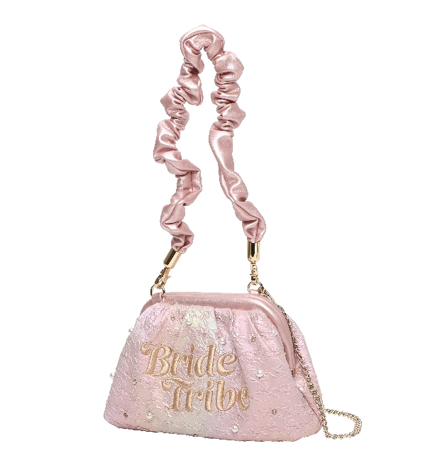 pink shimmer bag with bride tribe on it 